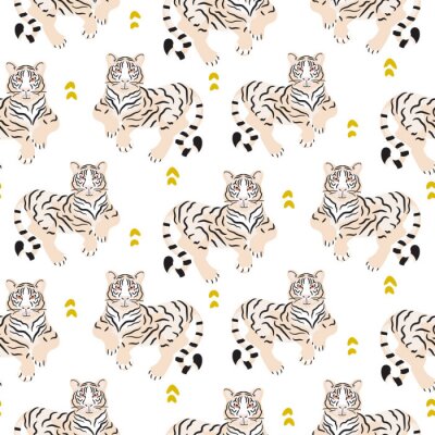 Nahtloses Muster mit Tiger auf grünem Hintergrund.