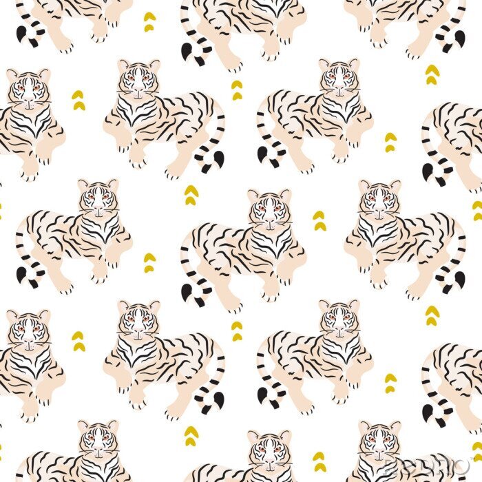 Fototapete Nahtloses Muster mit Tiger auf grünem Hintergrund.