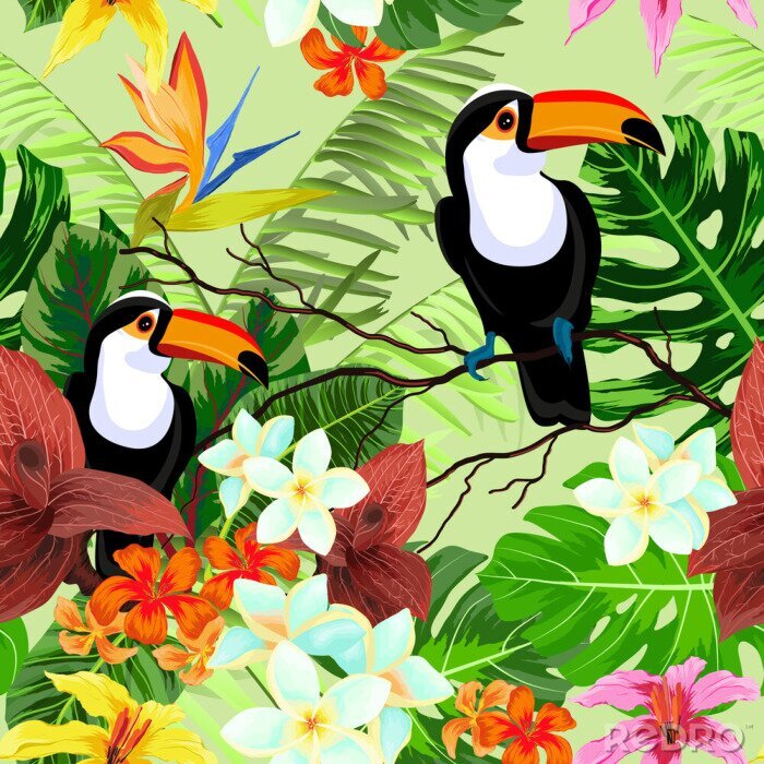 Fototapete Nahtloses Muster mit tropischen Blumen und Vögeln