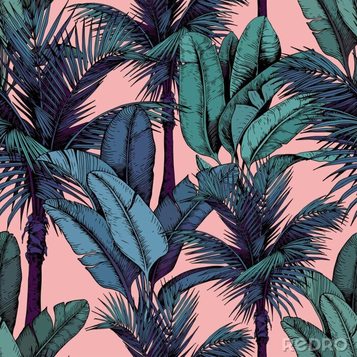 Fototapete Nahtloses Muster mit tropischen Palmen- und Bananenblättern auf rosa Hintergrund. Hand gezeichnete Vektorillustration