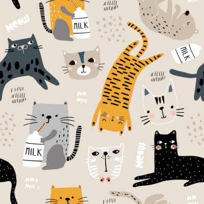 Nahtloses Muster mit verschiedenen lustigen Katzen und Milchflasche. Kreative kindliche Textur. Ideal für Stoff, Textil Vektor-Illustration