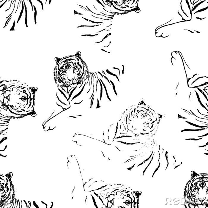 Fototapete Nahtloses Muster von Hand gezeichneten Skizzenarttigern. Vektorillustration lokalisiert auf weißem Hintergrund.