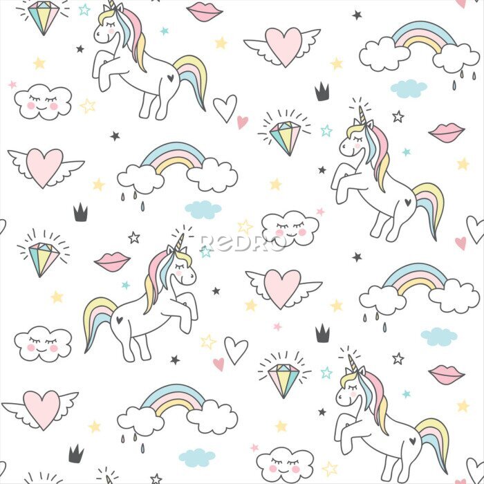 Fototapete Nahtloses niedliches Einhornmuster mit Sternen, Regenbogen, Wolken und Herzen. Magischer Babyhintergrund