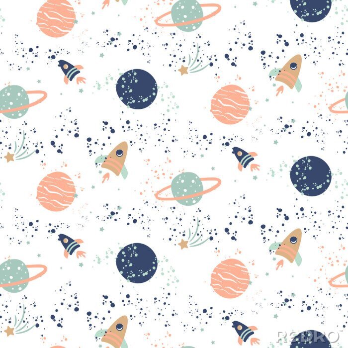 Fototapete Nahtloses Vektormuster mit Planeten und Raumschiffen.