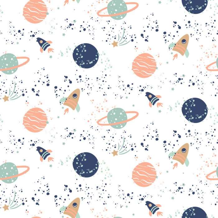 Fototapete Nahtloses Vektormuster mit Planeten und Raumschiffen.