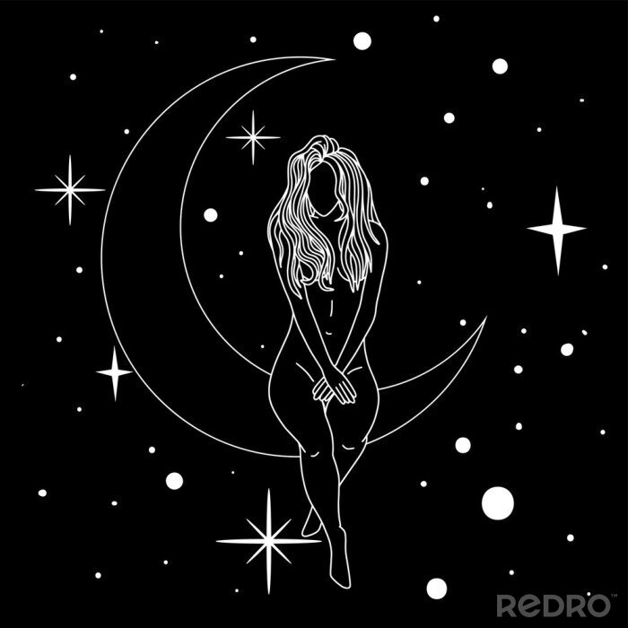 Fototapete Naked woman sitting on the moon in trendy linear minimal style.