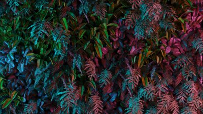 Fototapete Neon tropical jungle forest leaves in vibrant color for retro poster background like stranger things. 80s 70s 60s. 3d rendering