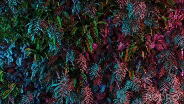 Fototapete Neon tropical jungle forest leaves in vibrant color for retro poster background like stranger things. 80s 70s 60s. 3d rendering