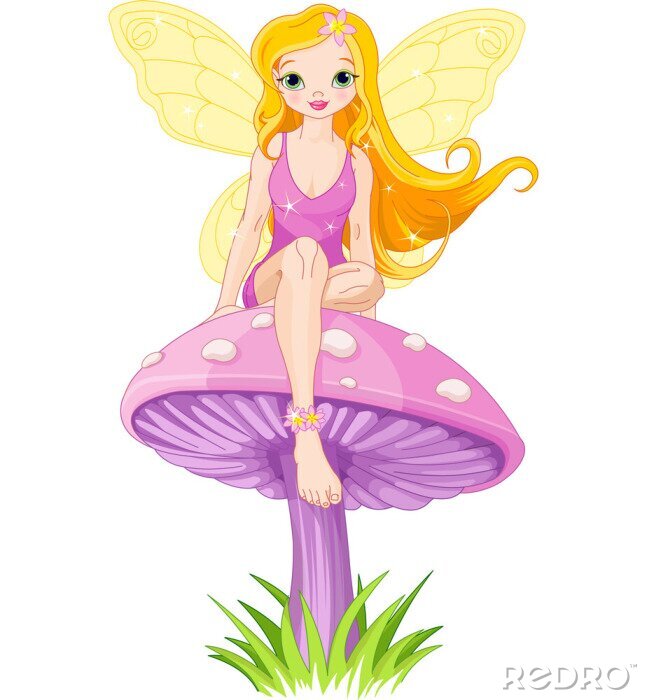 Fototapete Nette Fee auf dem Pilz