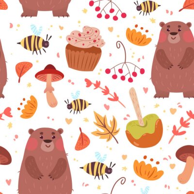 Nette Herbst nahtlose Muster mit Essen und Bären