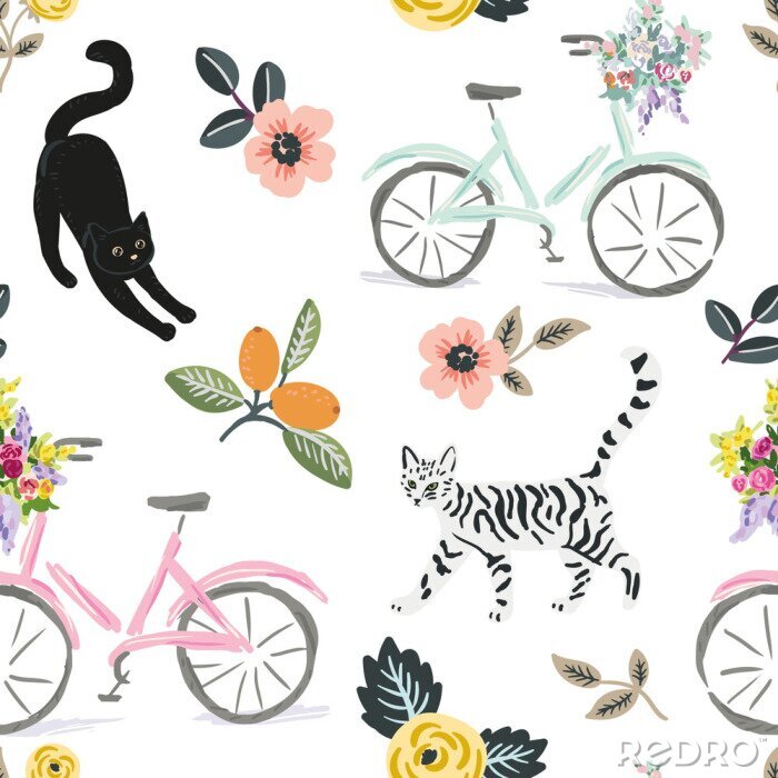 Fototapete Nette Katzen, Fahrräder und Blumenelemente, weißer Hintergrund. Vektor nahtloses Muster. Haustiere und Blumen. Naturdruck. Digitale Illustration mit Tieren