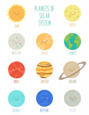 Nette lächelnde Zeichentrickfiguren von Planeten des Sonnensystems. Kindlicher Hintergrund