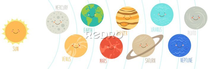 Fototapete Nette lächelnde Zeichentrickfilm-Figuren von Planeten des Sonnensystems können für Kinderausbildung als Karten, Bücher, Fahnen verwendet werden. Kindish Hintergrund