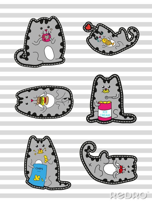 Fototapete Nette Reihe von Mode-Patches mit Cartoon-Zeichen der Katze und Fast-Food auf trendy gestreiften Hintergrund