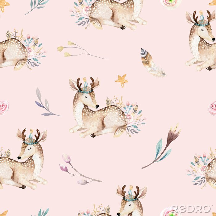 Fototapete Netter Familienbaby Raccon, Rotwild und Häschen. Tierkindergartengiraffe und Bär lokalisierten Illustration. Aquarell boho Raccon Zeichnung Kinderzimmer nahtlose Muster. Kinder Hintergrund, Kindergart