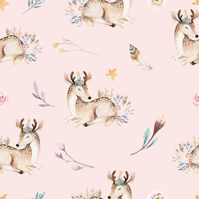 Fototapete Netter Familienbaby Raccon, Rotwild und Häschen. Tierkindergartengiraffe und Bär lokalisierten Illustration. Aquarell boho Raccon Zeichnung Kinderzimmer nahtlose Muster. Kinder Hintergrund, Kindergart