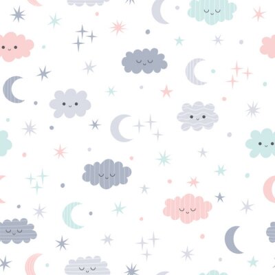 Nettes nahtloses Muster für Kinder. Reizender Kinderhintergrund mit Mond, Sternen und Wolken