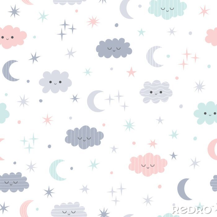 Fototapete Nettes nahtloses Muster für Kinder. Reizender Kinderhintergrund mit Mond, Sternen und Wolken