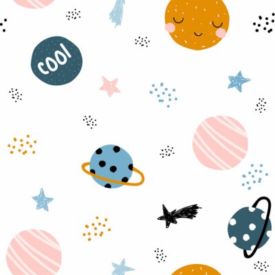 Nettes Raum nahtloses Muster mit handgezeichneten Planeten und Sternen.  Trendy Kindergrafik.  Vektorillustration.