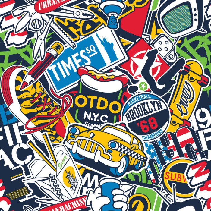 Fototapete New York City urban stickers patchwork abstract vector seamless pattern