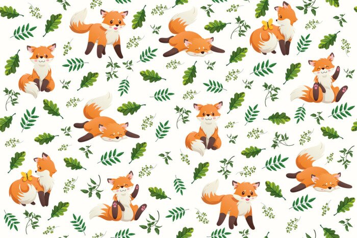 Fototapete Niedliche Füchse inmitten von grünen Blättern