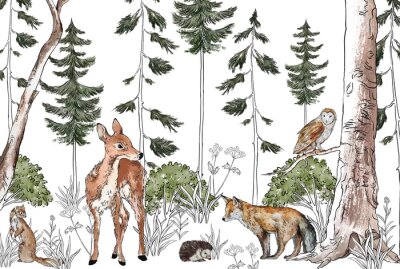 Fototapete Niedliche Tiere im Aquarellwald