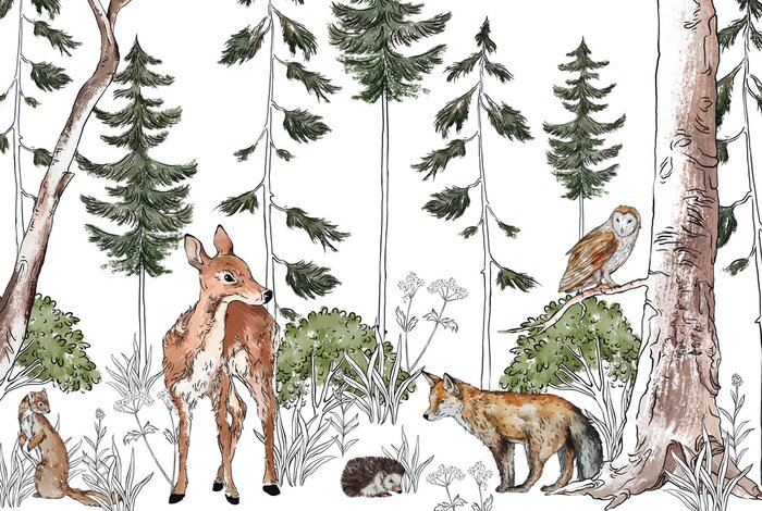 Fototapete Niedliche Tiere im Aquarellwald