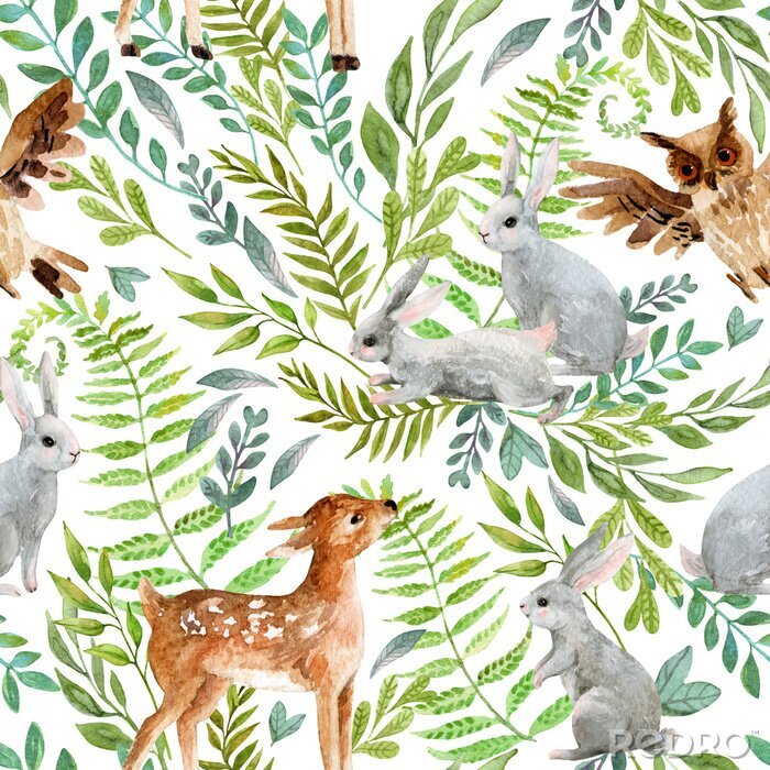 Fototapete Niedliche Tiere vor dem Hintergrund der Blätter