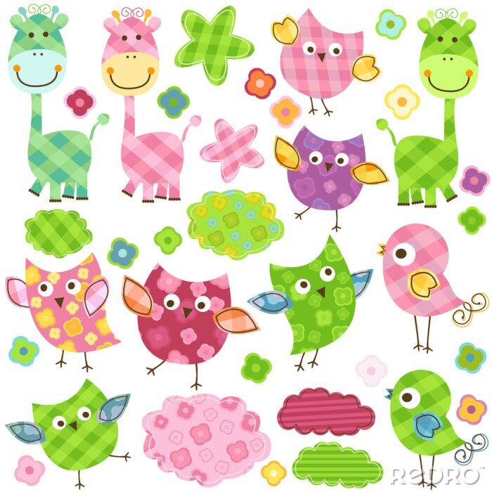 Fototapete niedlichen Vögeln und Giraffen