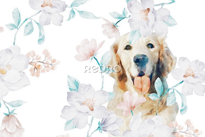 Fototapete Niedlicher Hund inmitten von Aquarell-Blumen auf weißem Hintergrund