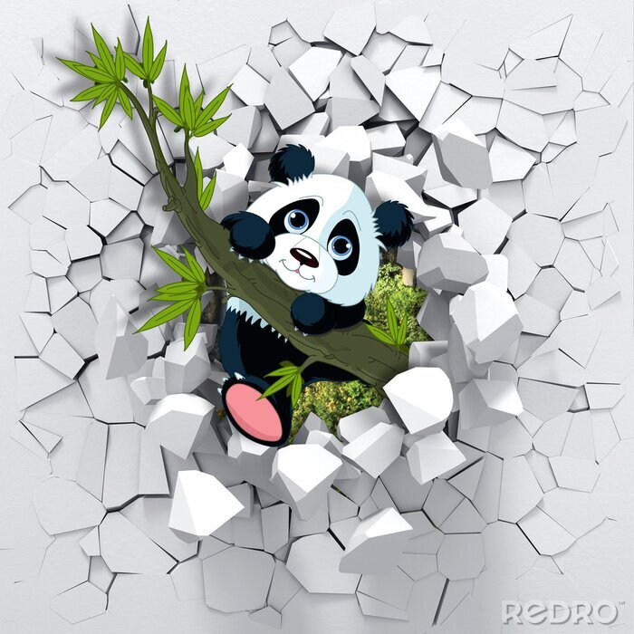 Fototapete Niedlicher Panda vor dem Hintergrund einer zerstörten Mauer 3D