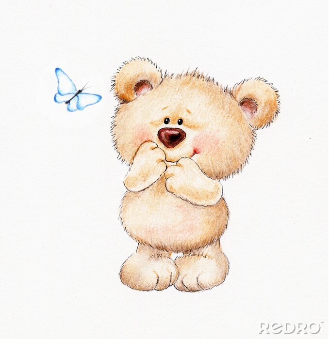 Fototapete Niedlicher Teddybär mit Blick auf einen Schmetterling