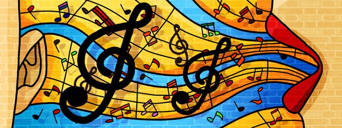 Fototapete Noten auf bunten fünf Notenlinien