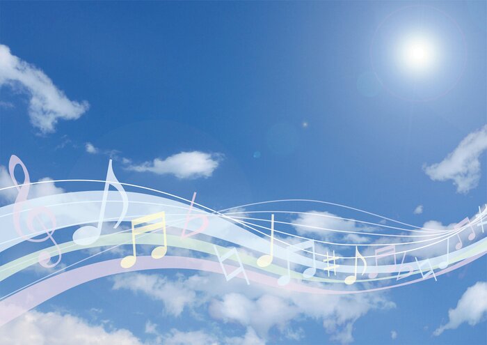 Fototapete Noten auf den fünf Notenlinien vor dem Hintergrund des Himmels