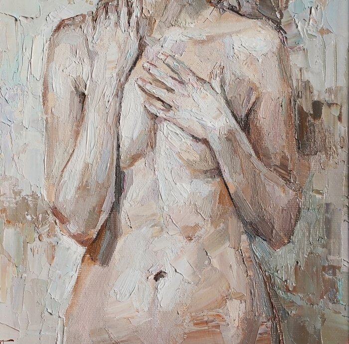 Fototapete Nude attractive young woman, created in details and color nuances. Colors: white, gray, brown. Oil painting on canvas.