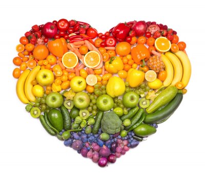 Fototapete Obst und Gemüse Figuren in Regenbogen-Herz angeordnet