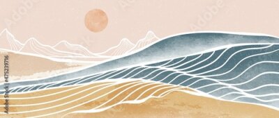 Fototapete Ocean wave and mountain. Creative minimalist modern paint and line art print. Abstract contemporary aesthetic backgrounds landscapes. with sea, skyline, wave. vector illustrations