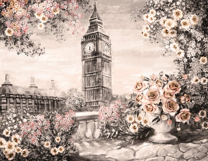 Fototapete Ölgemälde, Sommer in London. Sanfte Stadtlandschaft. Blume Rose und Blatt. Blick von oben Balkon. Big Ben, England, Hintergrundbilder. Aquarell moderne Kunst. Sepia