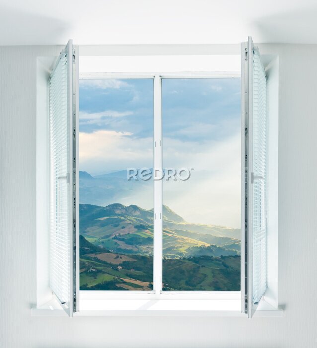 Fototapete Offenes Fenster mit Berglandschaft
