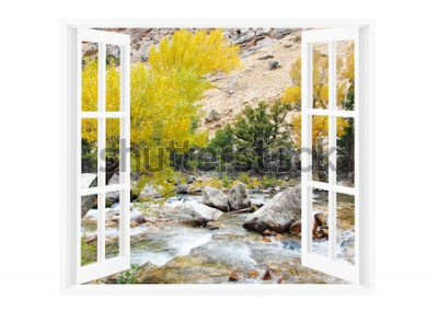 Fototapete Offenes Fenster mit schöner Natur auf einem Hintergrund