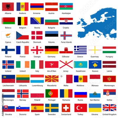 Fototapete Offizielle Liste der alle europäischen Land Flaggen und Karte