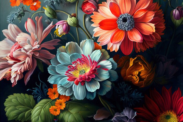 Fototapete Oil painted flowers in vibrant colours. Generative AI