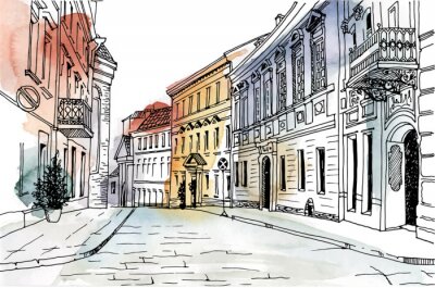 Fototapete Old city street in hand drawn line sketch style. Urban romantic landscape. Vilnius. Black and white vector illustration on watercolor background