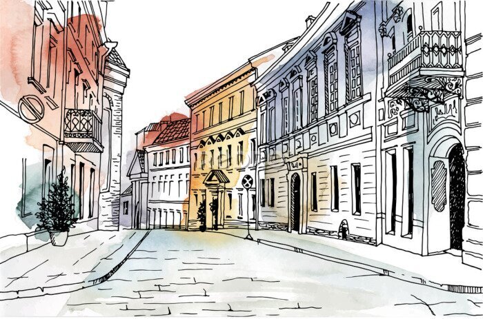 Fototapete Old city street in hand drawn line sketch style. Urban romantic landscape. Vilnius. Black and white vector illustration on watercolor background