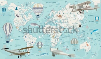 Fototapete Old geography travel map with regional animals and aircrafts. Vector.