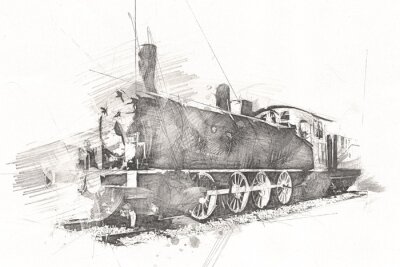 Fototapete Old steam locomotive engine retro vintage