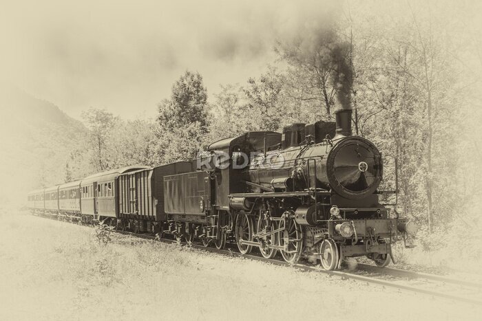 Fototapete Old steam locomotive in vintage style