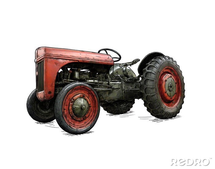 Fototapete Old vintage red tractor illustration in cartoon or comic style. Tractor was made in Dearborn, Michigan, United States or USA from 1939 to 1942 or 30's to 40's.