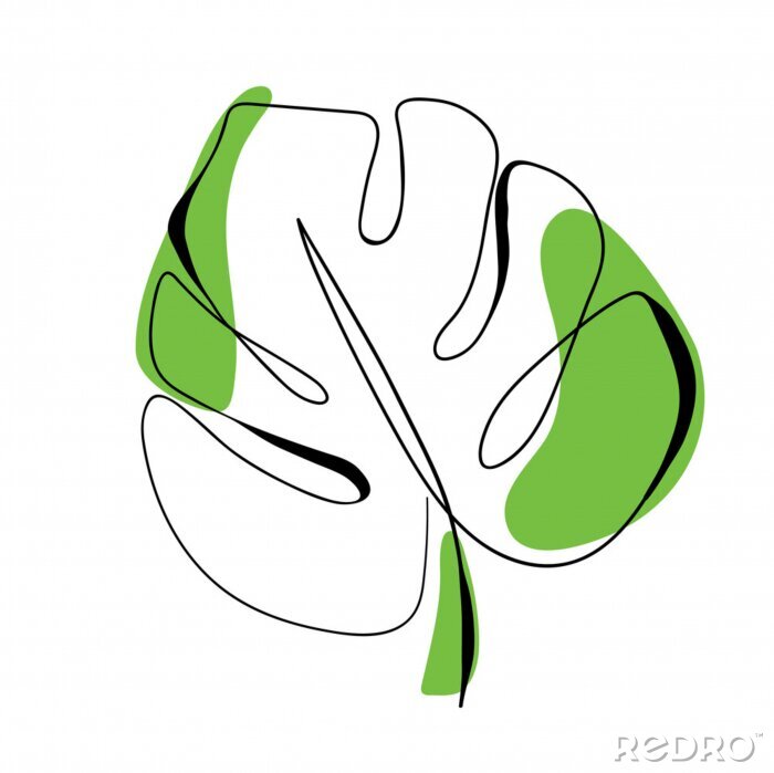 Fototapete One line drawing vector monstera leaf. Modern single line art, aesthetic contour. Perfect for home decor such as posters, wall art, tote bag, t-shirt print, sticker, mobile case, logo