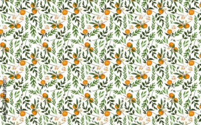 Fototapete Orange pattern design, leaf and fruit wallpaper design, seamless pattern, oil painting texture, mural art.
